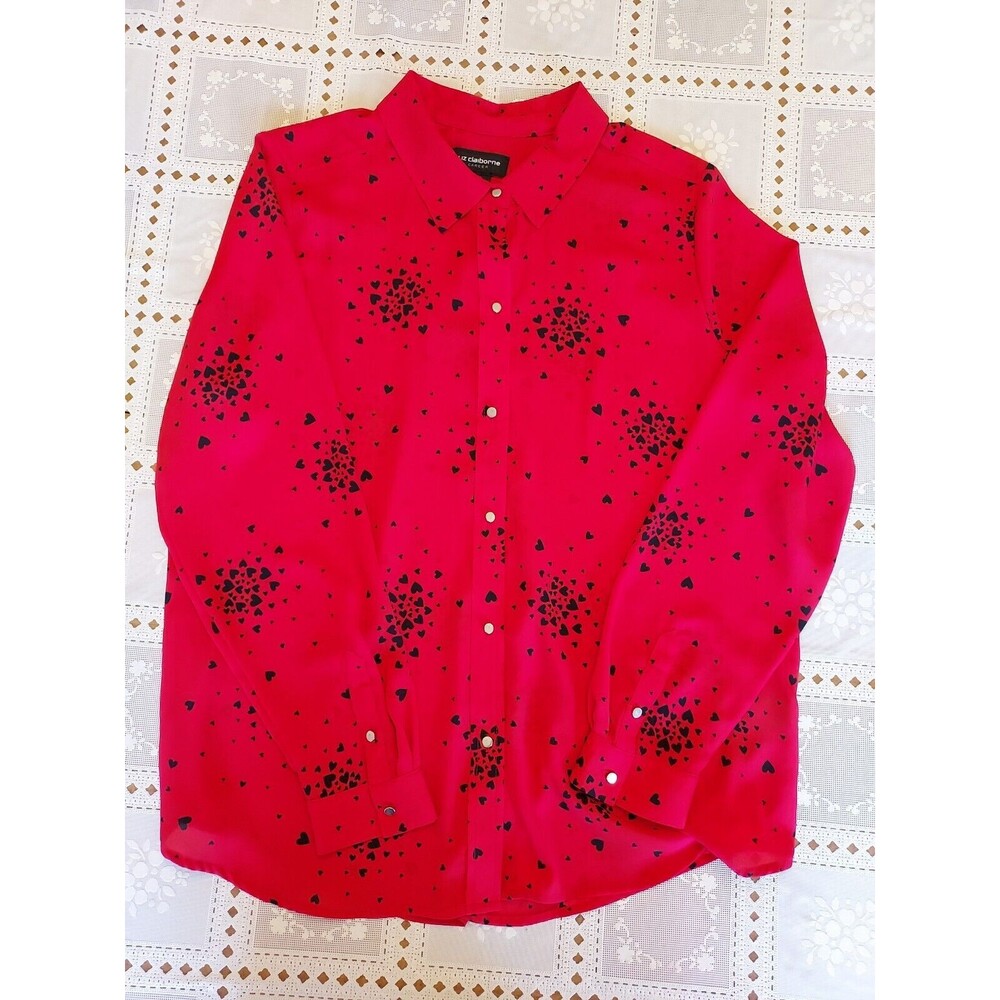 Liz Claiborne Career Red Long Sleeve Button Up Blouse with Black Hearts Large